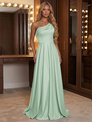 A Line One Shoulder Pleated Minimalist Bridesmaid Dresses with Pockets