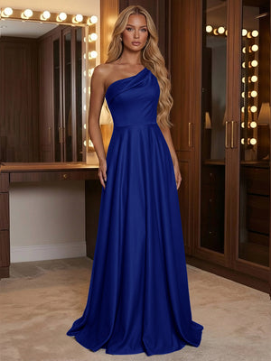 A Line One Shoulder Pleated Minimalist Bridesmaid Dresses with Pockets