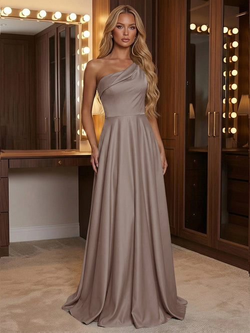 A Line One Shoulder Pleated Minimalist Bridesmaid Dresses with Pockets