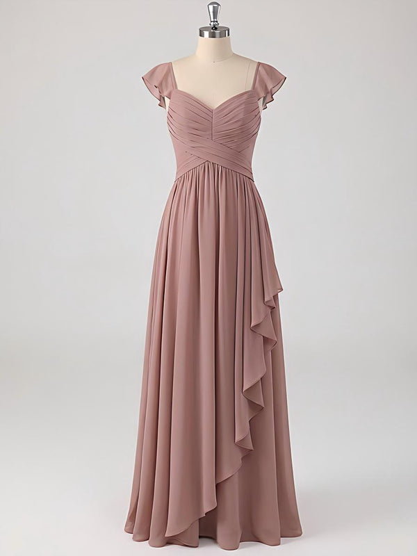 A Line Sweetheart Ruched Floor Length Bridesmaid Dresses with Ruffles