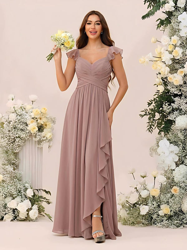 A Line Sweetheart Ruched Floor Length Bridesmaid Dresses with Ruffles
