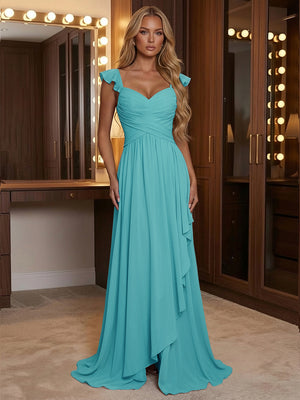 A Line Sweetheart Ruched Floor Length Bridesmaid Dresses with Ruffles