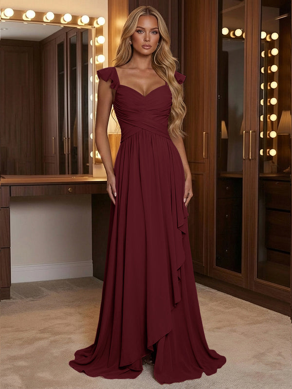 A Line Sweetheart Ruched Floor Length Bridesmaid Dresses with Ruffles