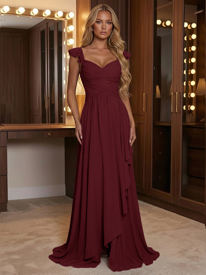 A Line Sweetheart Ruched Floor Length Bridesmaid Dresses with Ruffles