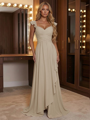 A Line Sweetheart Ruched Floor Length Bridesmaid Dresses with Ruffles