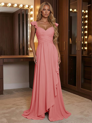A Line Sweetheart Ruched Floor Length Bridesmaid Dresses with Ruffles