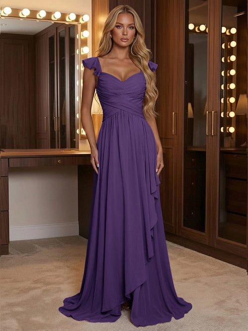A Line Sweetheart Ruched Floor Length Bridesmaid Dresses with Ruffles