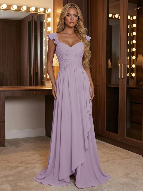 A Line Sweetheart Ruched Floor Length Bridesmaid Dresses with Ruffles