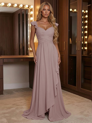 A Line Sweetheart Ruched Floor Length Bridesmaid Dresses with Ruffles