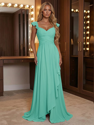 A Line Sweetheart Ruched Floor Length Bridesmaid Dresses with Ruffles