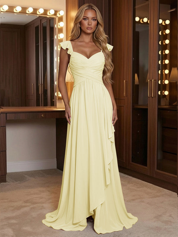 A Line Sweetheart Ruched Floor Length Bridesmaid Dresses with Ruffles