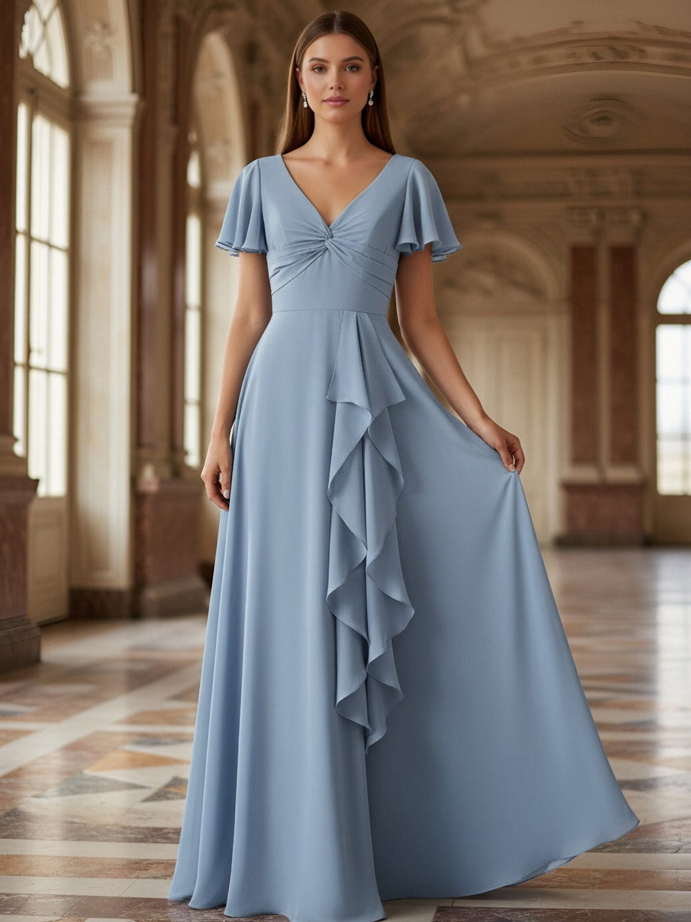 Ruffles Short Sleeves Pleated Long Bridesmaid Dresses