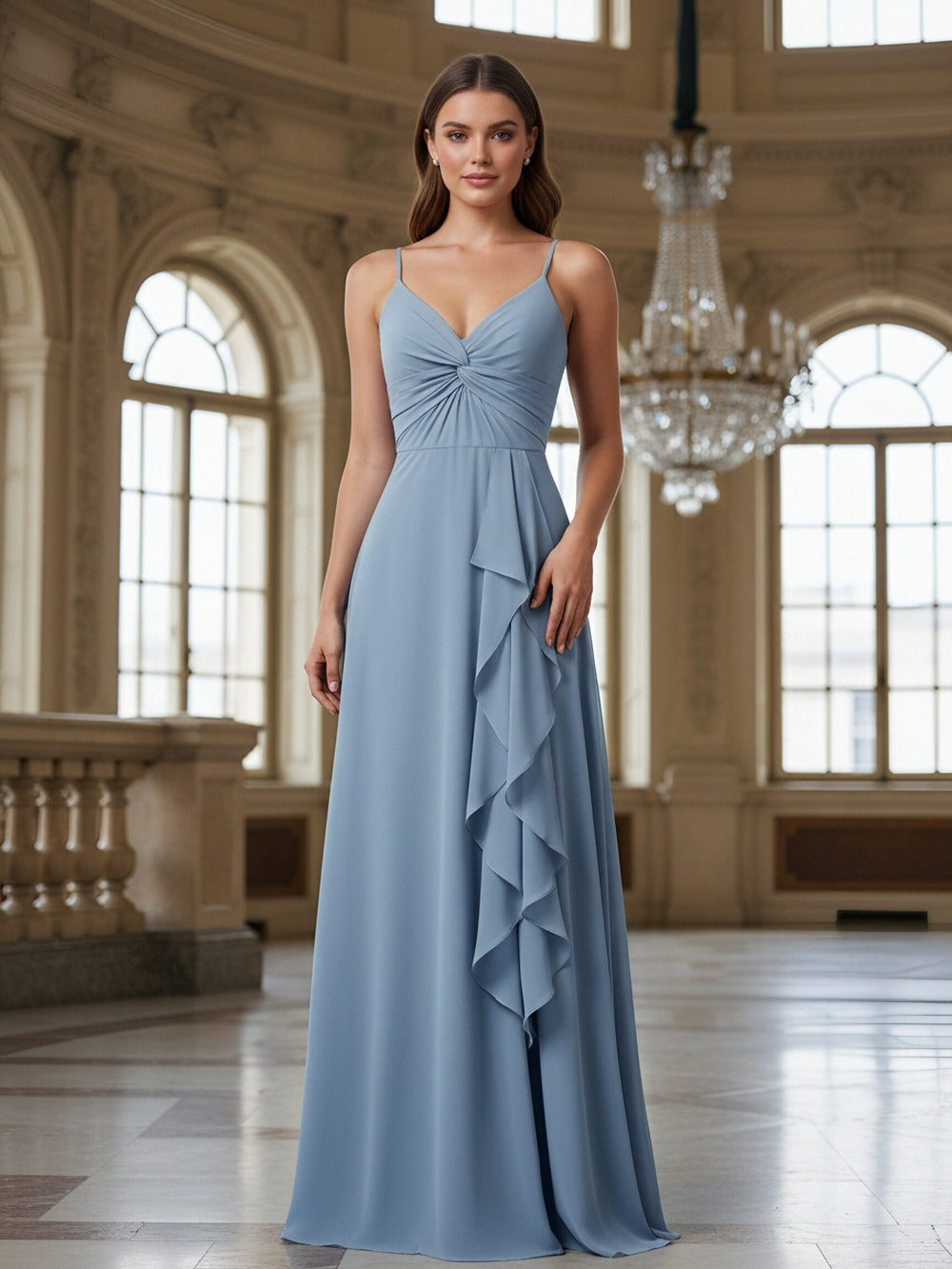 Ruffles Spaghetti Straps Pleated Chiffon Bridesmaid Dresses