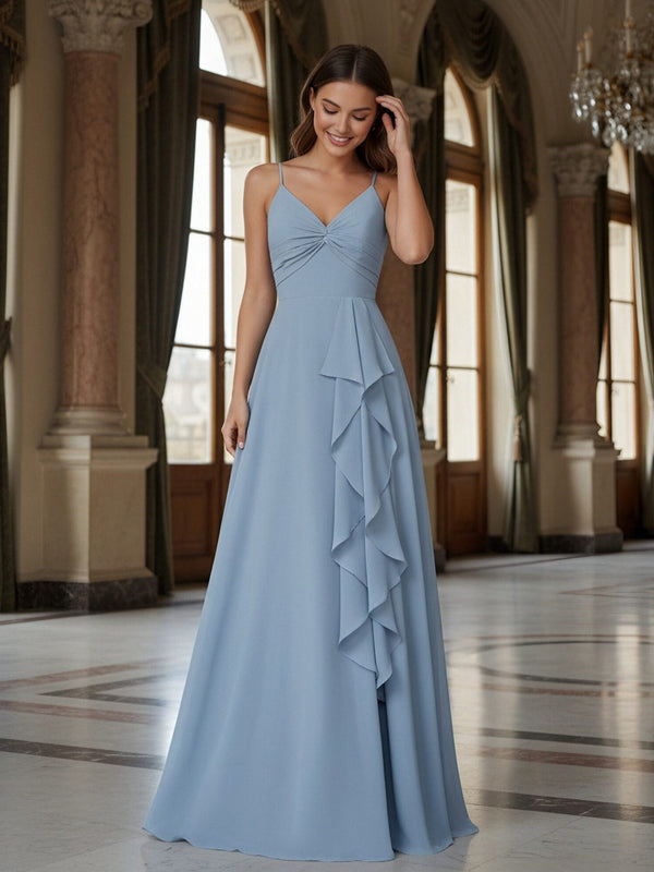 Ruffles Spaghetti Straps Pleated Chiffon Bridesmaid Dresses