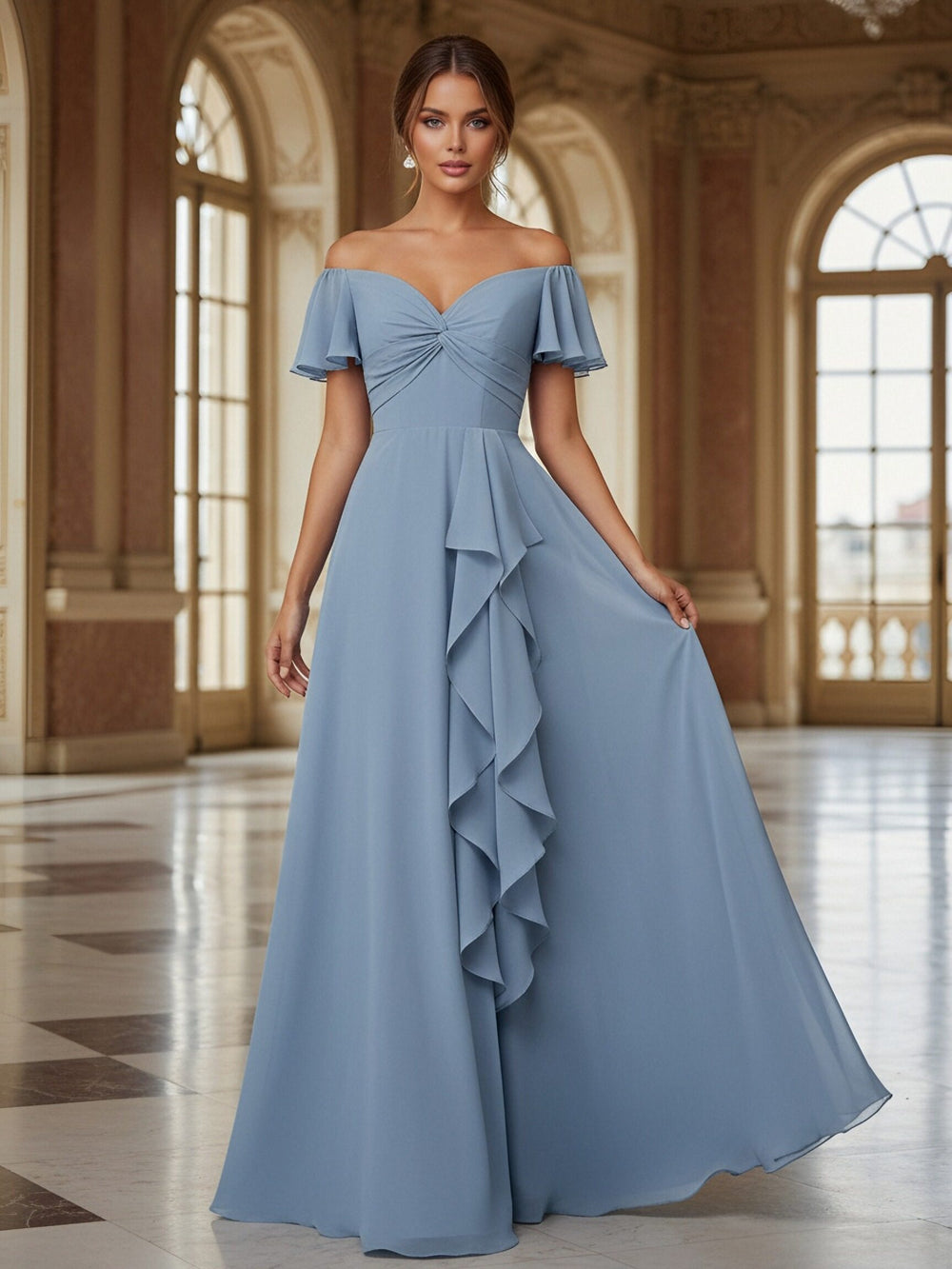 Ruffles Off the Shoulder Pleated Chiffon Bridesmaid Dresses