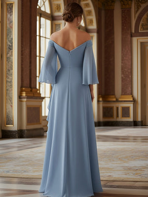 Off the Shoulder Long Sleeves Chiffon Formal Dresses with Ruffles