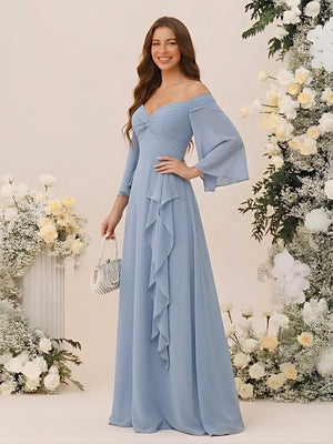 Off the Shoulder Long Sleeves Chiffon Formal Dresses with Ruffles