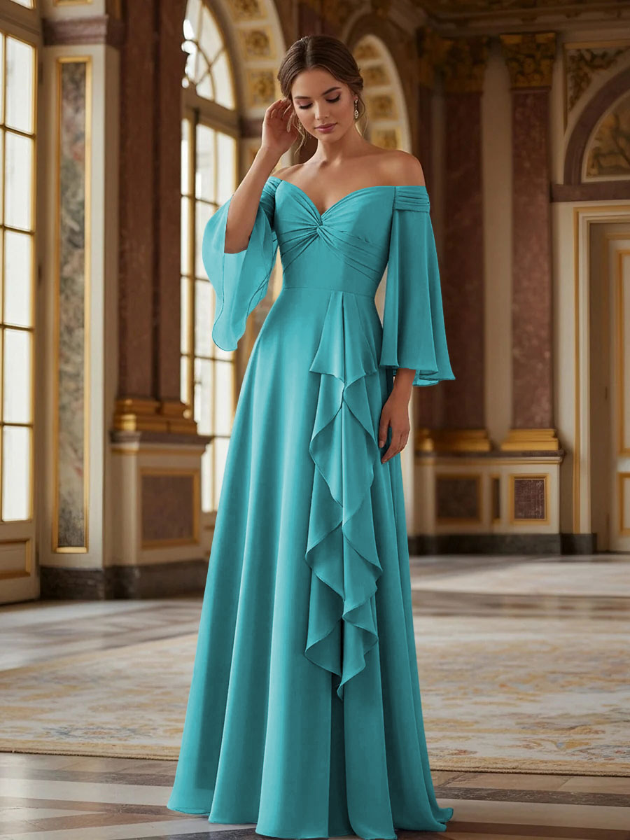 Off the Shoulder Long Sleeves Chiffon Formal Dresses with Ruffles