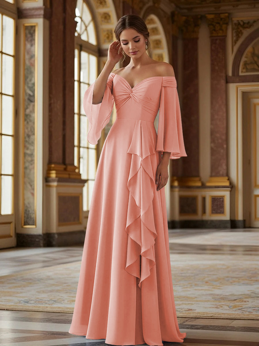Off the Shoulder Long Sleeves Chiffon Formal Dresses with Ruffles