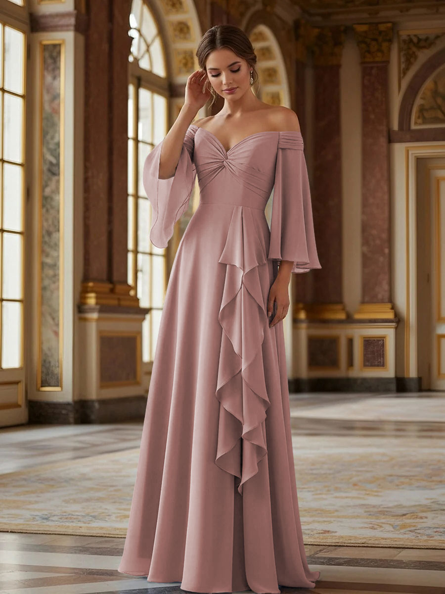Off the Shoulder Long Sleeves Chiffon Formal Dresses with Ruffles