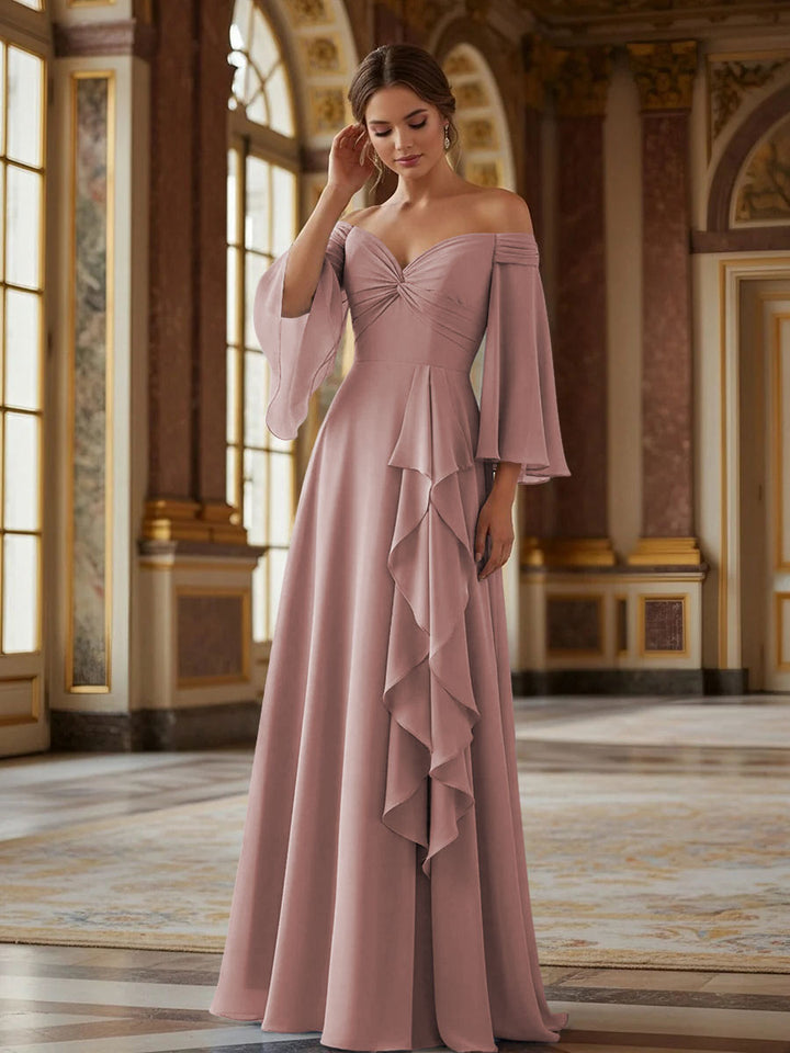 Off the Shoulder Long Sleeves Chiffon Formal Dresses with Ruffles