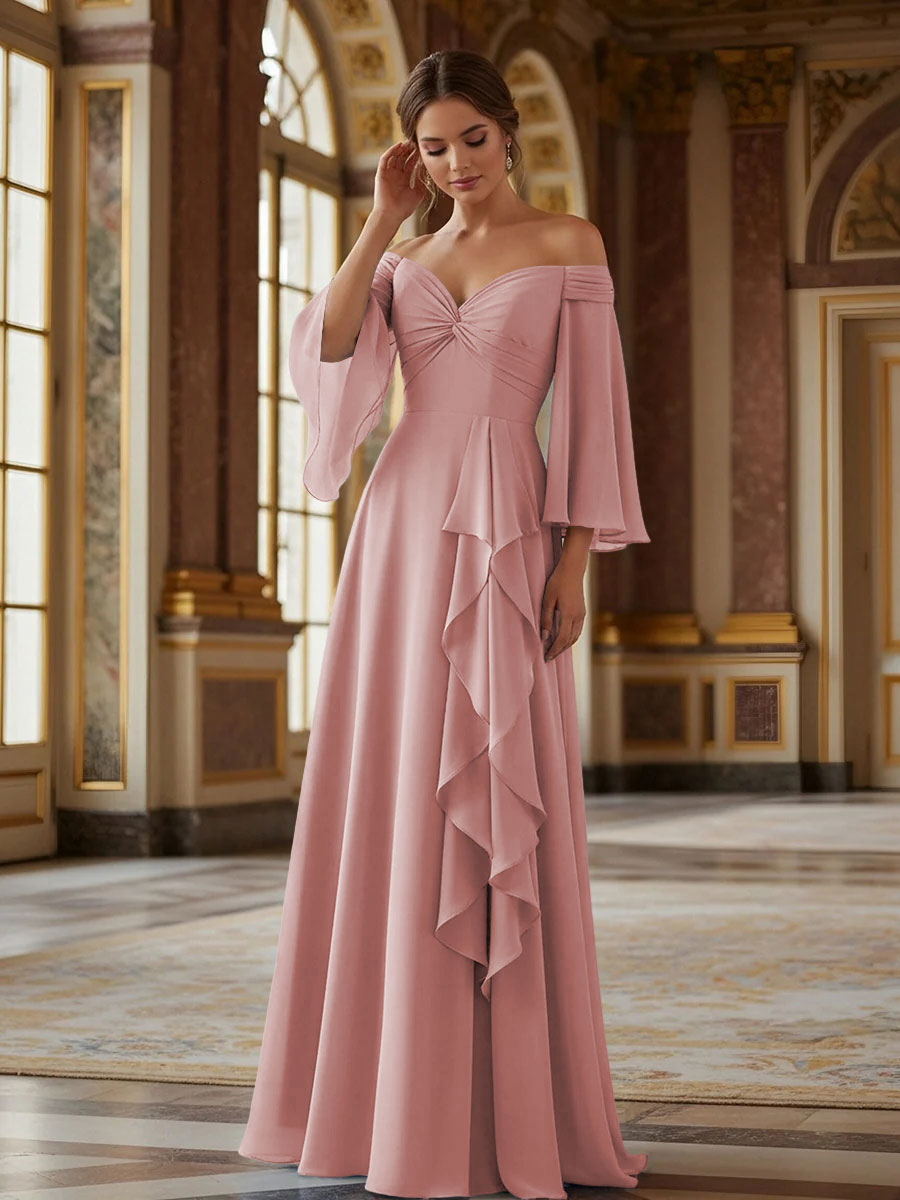 Off the Shoulder Long Sleeves Chiffon Formal Dresses with Ruffles