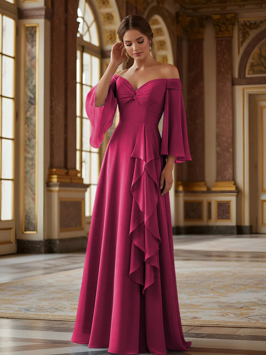 Off the Shoulder Long Sleeves Chiffon Formal Dresses with Ruffles