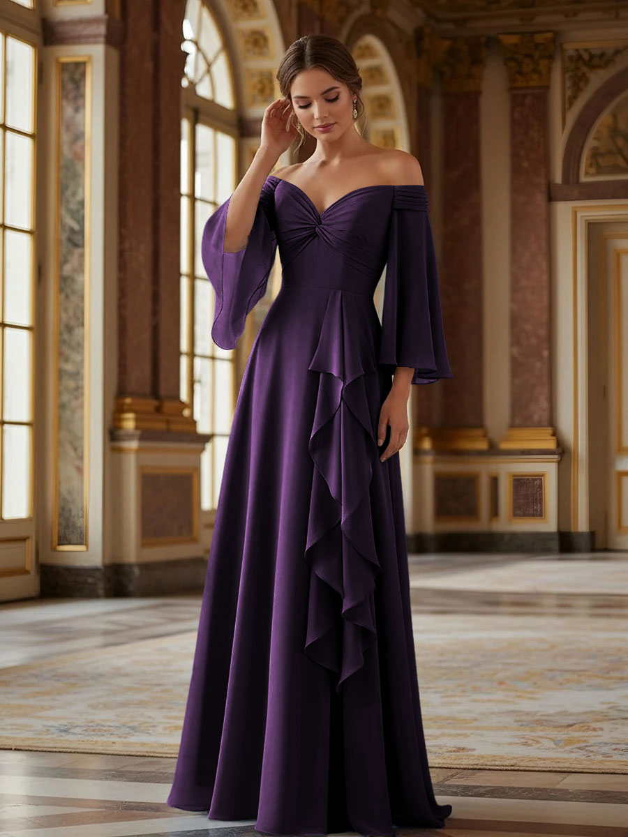 Off the Shoulder Long Sleeves Chiffon Formal Dresses with Ruffles