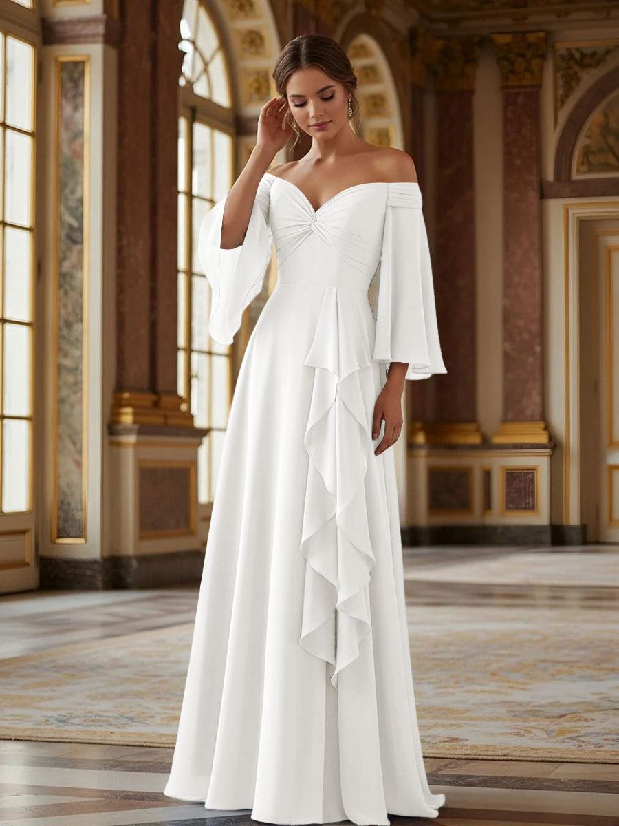 Off the Shoulder Long Sleeves Chiffon Formal Dresses with Ruffles