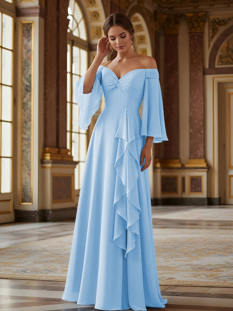 Off the Shoulder Long Sleeves Chiffon Formal Dresses with Ruffles