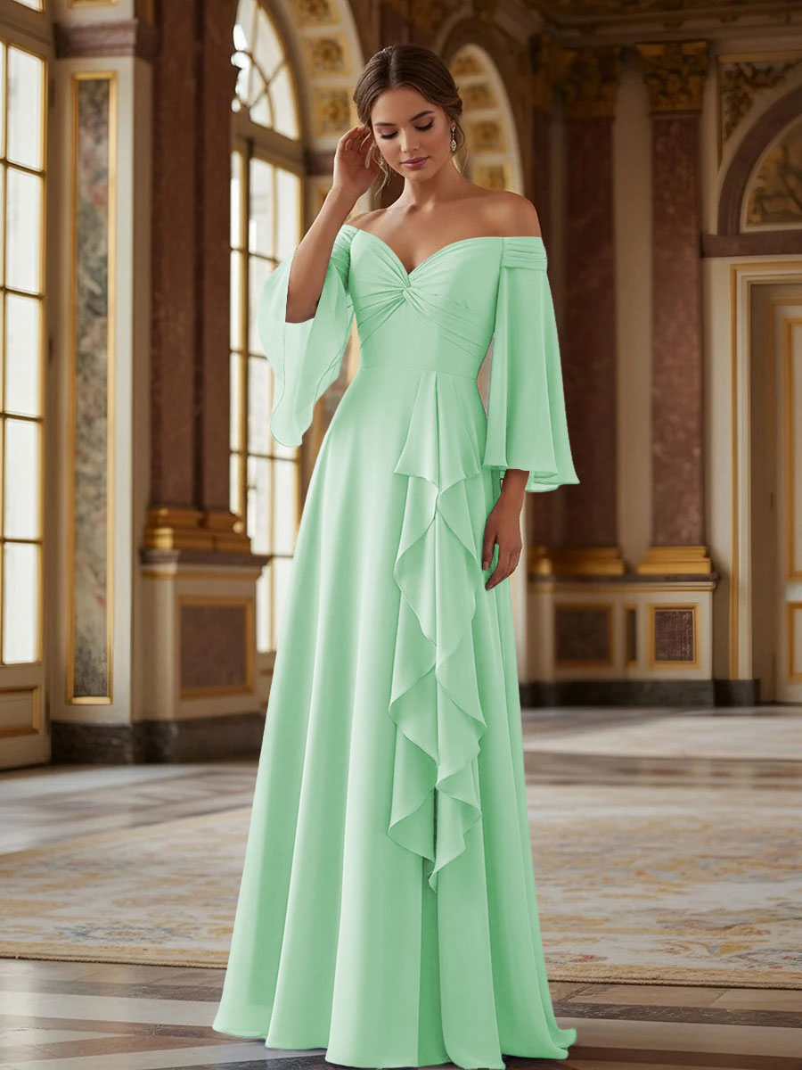 Off the Shoulder Long Sleeves Chiffon Formal Dresses with Ruffles