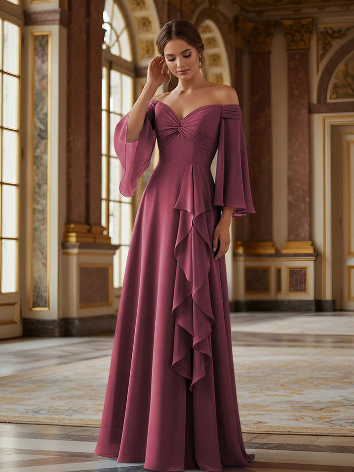 Off the Shoulder Long Sleeves Chiffon Formal Dresses with Ruffles