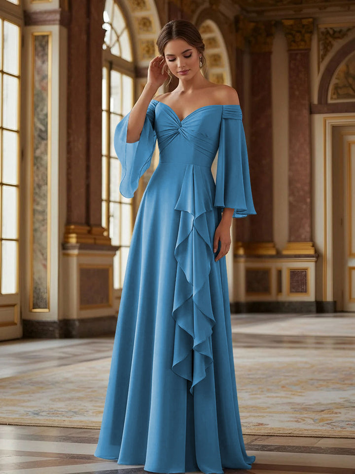 Off the Shoulder Long Sleeves Chiffon Formal Dresses with Ruffles
