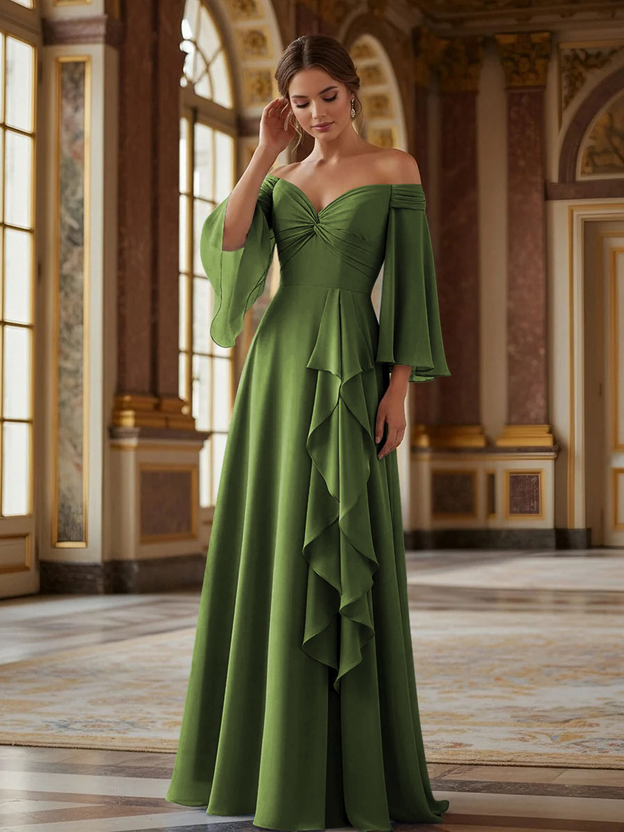Off the Shoulder Long Sleeves Chiffon Formal Dresses with Ruffles