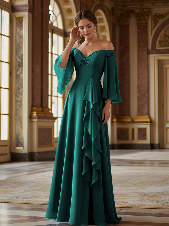 Off the Shoulder Long Sleeves Chiffon Formal Dresses with Ruffles