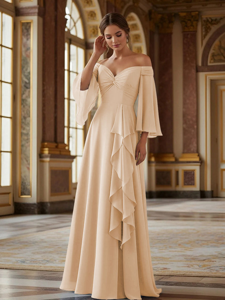 Off the Shoulder Long Sleeves Chiffon Formal Dresses with Ruffles
