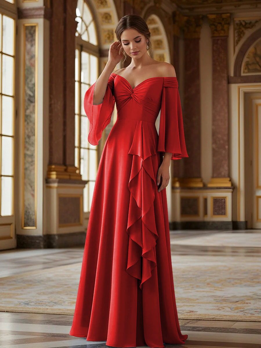 Off the Shoulder Long Sleeves Chiffon Formal Dresses with Ruffles