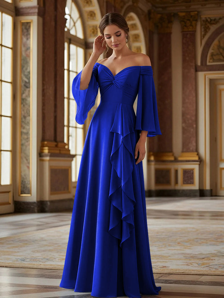 Off the Shoulder Long Sleeves Chiffon Formal Dresses with Ruffles