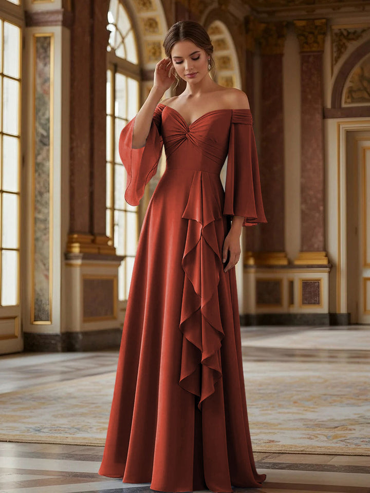 Off the Shoulder Long Sleeves Chiffon Formal Dresses with Ruffles