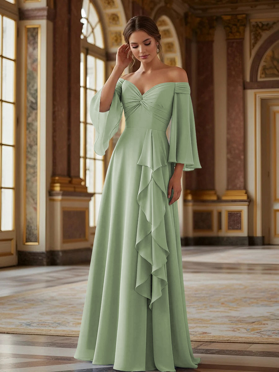 Off the Shoulder Long Sleeves Chiffon Formal Dresses with Ruffles