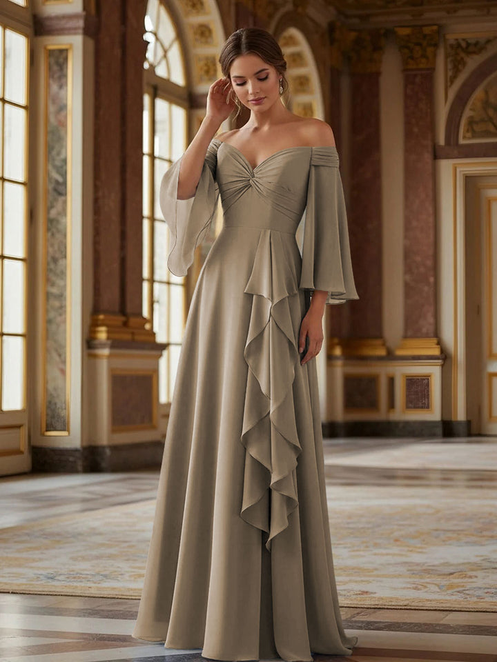Off the Shoulder Long Sleeves Chiffon Formal Dresses with Ruffles