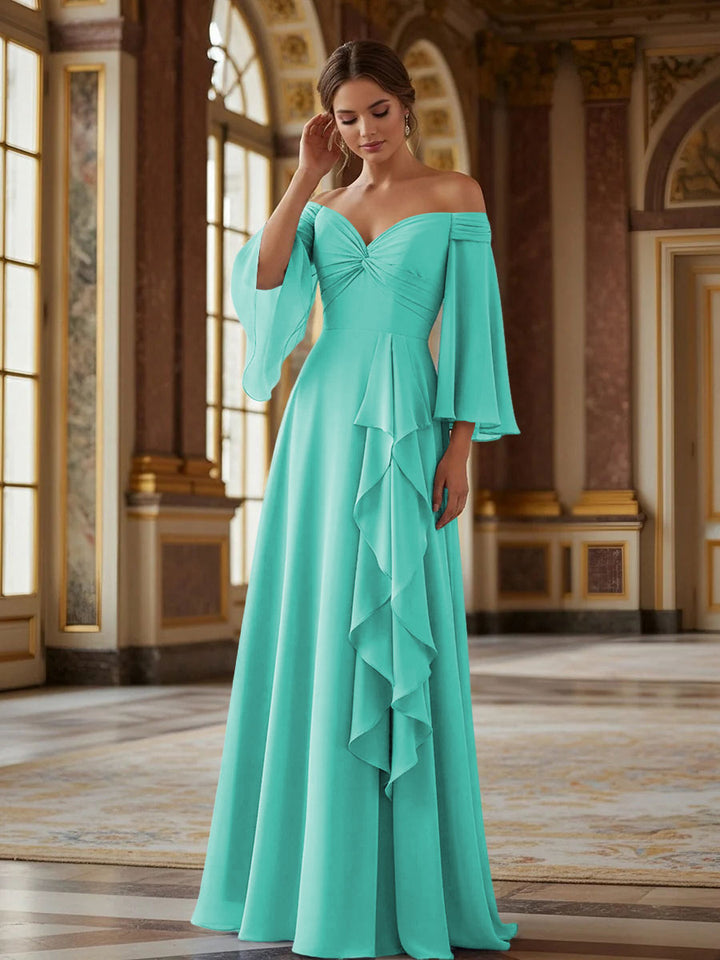Off the Shoulder Long Sleeves Chiffon Formal Dresses with Ruffles