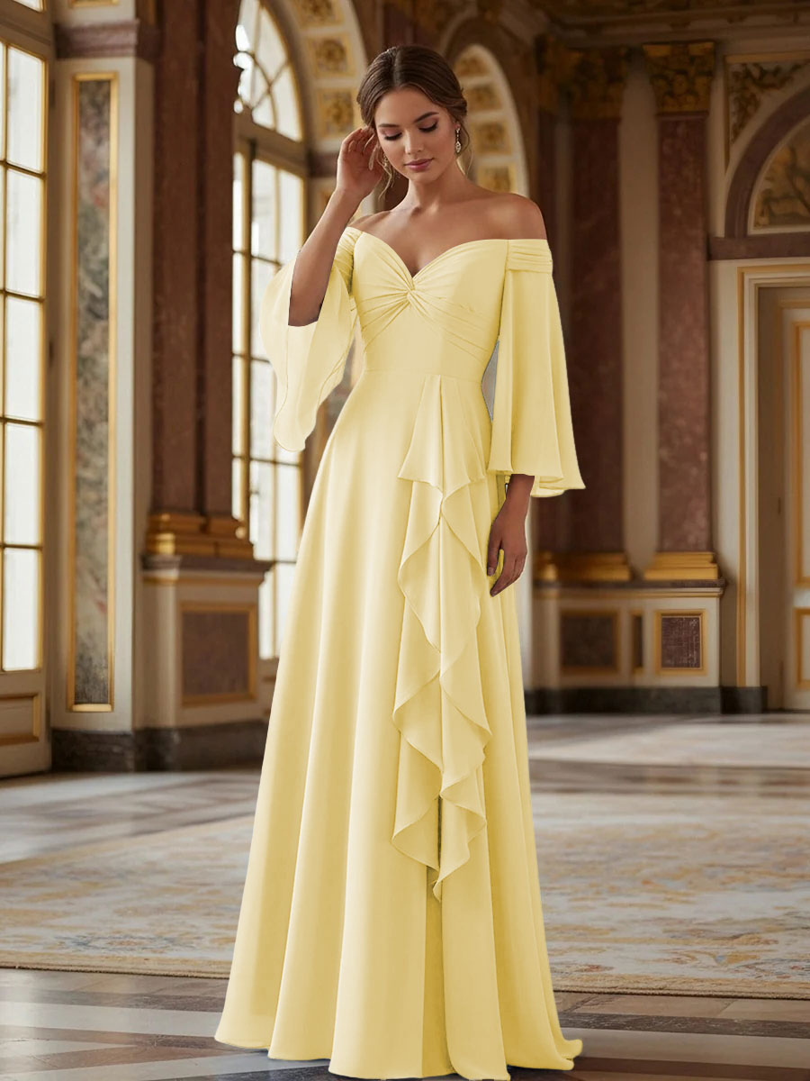 Off the Shoulder Long Sleeves Chiffon Formal Dresses with Ruffles