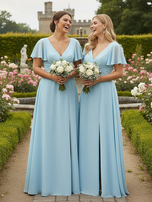 A Line V Neck Short Sleeves Bow Bridesmaid Dresses with Slit