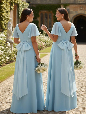 A Line V Neck Short Sleeves Bow Bridesmaid Dresses with Slit