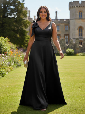 A Line V Neck Sleeveless Bow Satin Bridesmaid Dresses