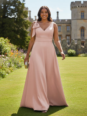 A Line V Neck Sleeveless Bow Satin Bridesmaid Dresses