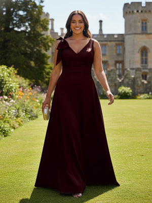 A Line V Neck Sleeveless Bow Satin Bridesmaid Dresses