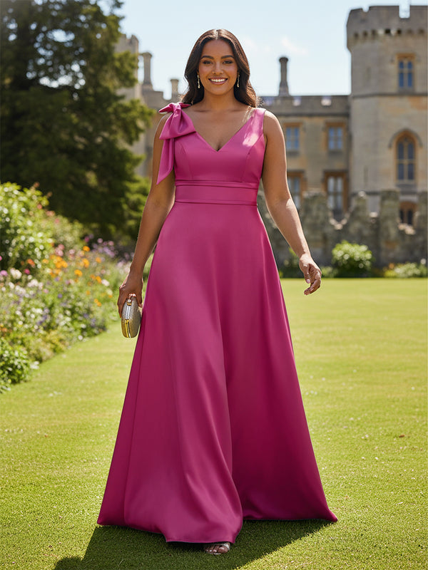 A Line V Neck Sleeveless Bow Satin Bridesmaid Dresses