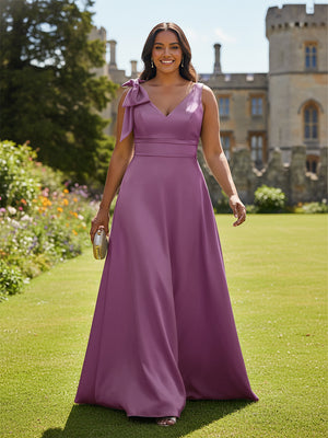 A Line V Neck Sleeveless Bow Satin Bridesmaid Dresses